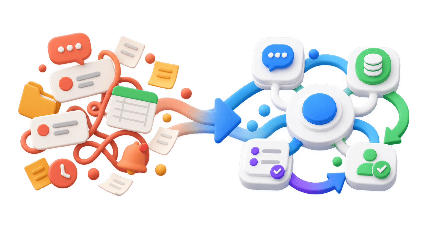 A clay-style operating system transforming scattered signals into a clear workflow